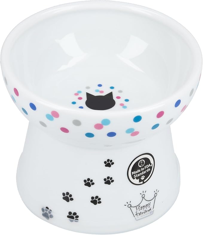 Necoichi Raised Cat Food Bowl – Ceramic Elevated Cat Bowl for Whisker & Neck Fatigue, Dishwasher Microwave Safe – Non-Slip & Anti Vomiting Ergonomic Design (Colorful Dots, Large, 2-Cup Capacity)