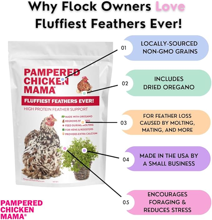 Pampered Chicken Mama Molting Supplement for Chickens: Fluffiest Feathers Ever Backyard Chicken Feed and Supplies for Hens (2 pounds)