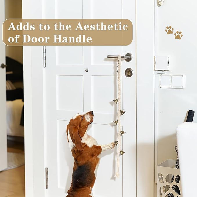Dog Bell for Door Potty Training, Cotton Handwoven Dog Doorbell with 6 Extra Loud Bells for Dog Training, Adjustable Hanging Door Bell for Small Medium Large Dogs to Ring to Go Outside, Beige