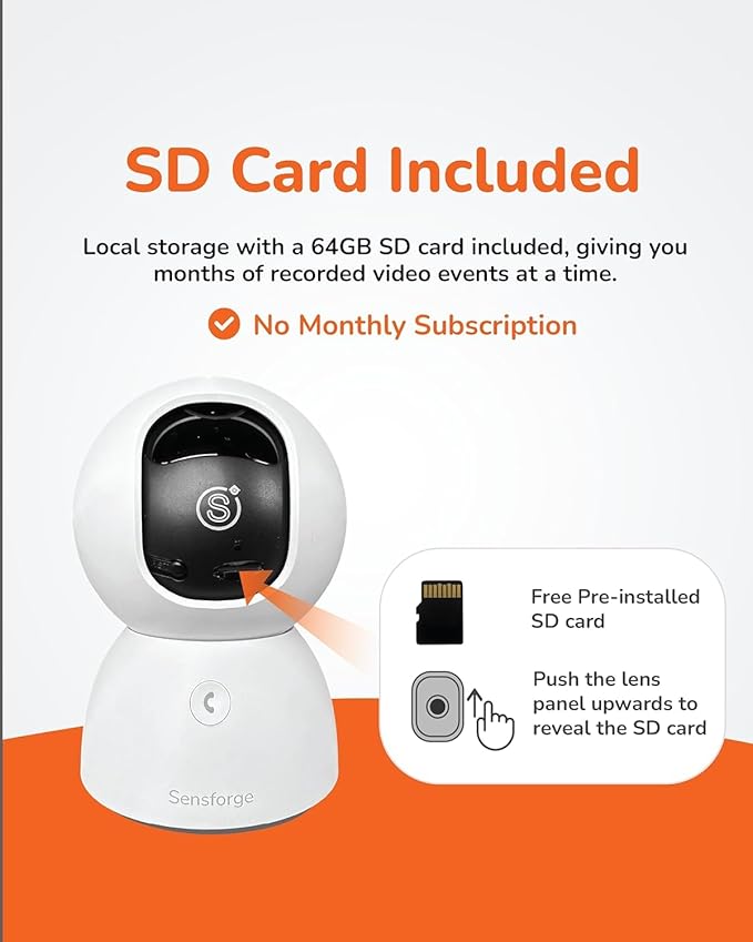 Sensforge 2.5K Indoor Pan-Tilt Dome Security Camera, AI Human & Pet Detection, 360° Coverage, Two-Way Audio, Dual-Band Wi-Fi (2.4G/5G), 64GB SD Card Included, No Monthly Fees (2, White)