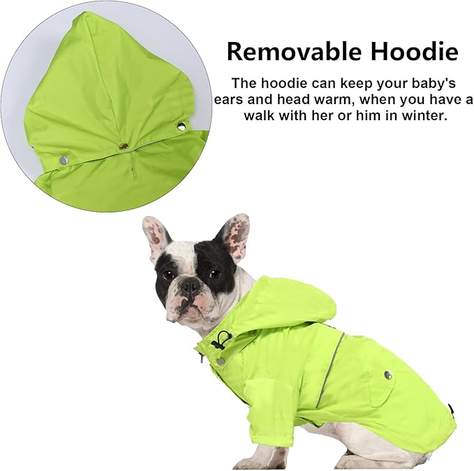 Morezi Dog Zip Up Raincoat with Reflective Buttons, Rain/Water Resistant, Adjustable Drawstring, Removable Hood, Raincoats with Legs 8lbs to 80lbs Available Light Green XS