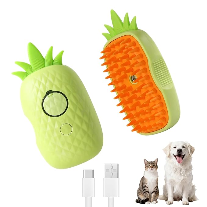 Cat Steam Brush for Shedding, 4 in 1 Rechargeable Steam Brush for Cats and Dogs, Anti-Static, Massage, Cleaning, Shedding & Combing All in One! (Green)
