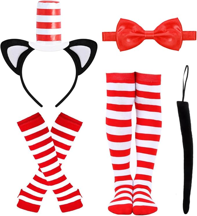 5 Pcs Cat Costume Accessories Set with Red and White Hat Headwear, Bowtie, Socks, Gloves and Tail for World Book Day