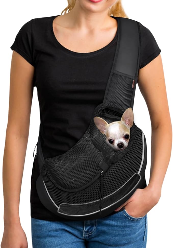 YUDODO Pet Sling Carrier for 5-9 lbs Small Dogs & Cats – Hands-Free Puppy Carrier with Safety Hook, Large Zipper Pocket, Soft Breathable Mesh, Adjustable Strap & Reflective Strip (Black 3.0 M)