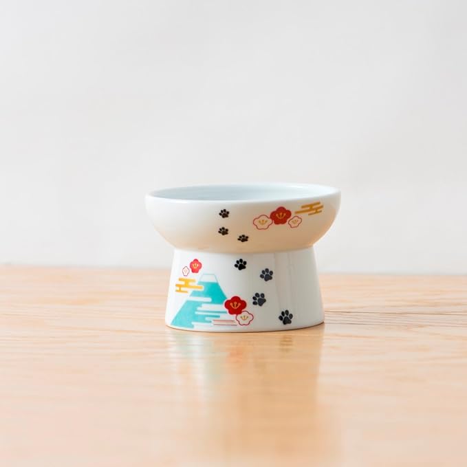 Necoichi Raised Cat Food Bowl – Ceramic Elevated Cat Bowl for Whisker & Neck Fatigue, Dishwasher Microwave Safe – Non-Slip & Anti Vomiting Ergonomic Design (Fuji, Regular, 1-Cup Capacity)