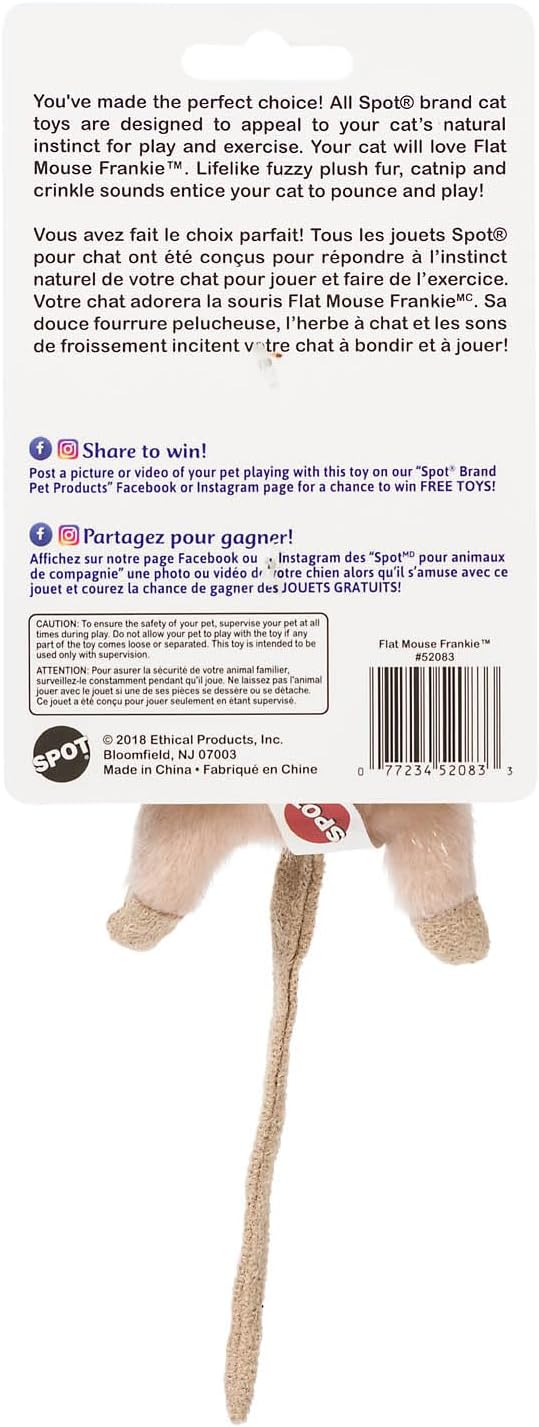 SPOT Flat Mouse Frankie with Catnip - Cat Toy, Fuzzy Mice with Catnip and Crinkle Sound, Perfect Size for Pouncing on, Chasing, Hunting - 5.5in Plush Toys, Assorted Colors (Pack of 2)