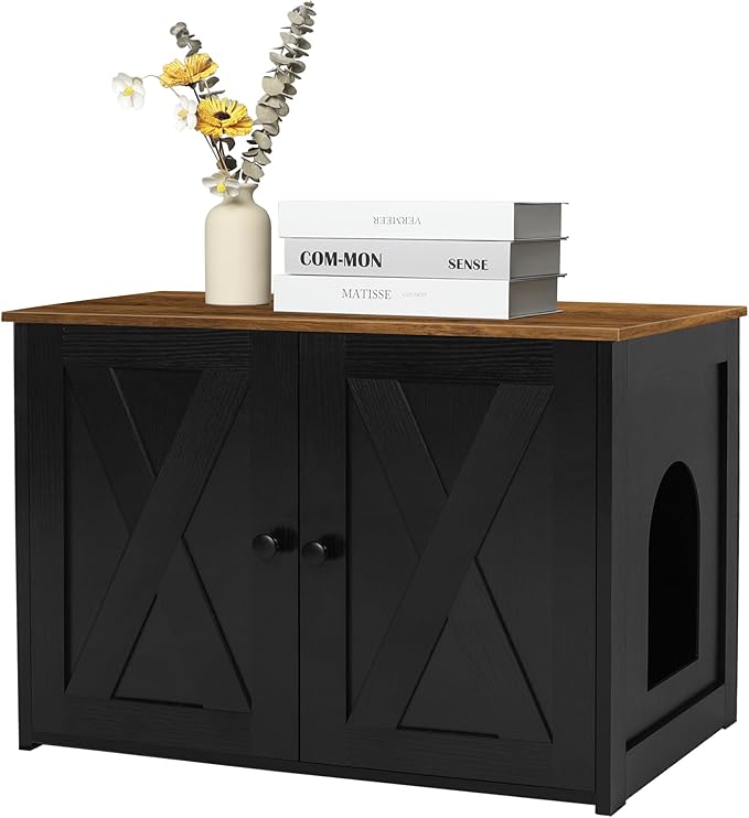 Dwanton Litter Box Enclosure, Cat Litter Box Furniture Hidden, Reversible Entrance Can Be on Left or Right Side, Wooden Cat Washroom Indoor, Black and Warm Brown, 27.6 Inches