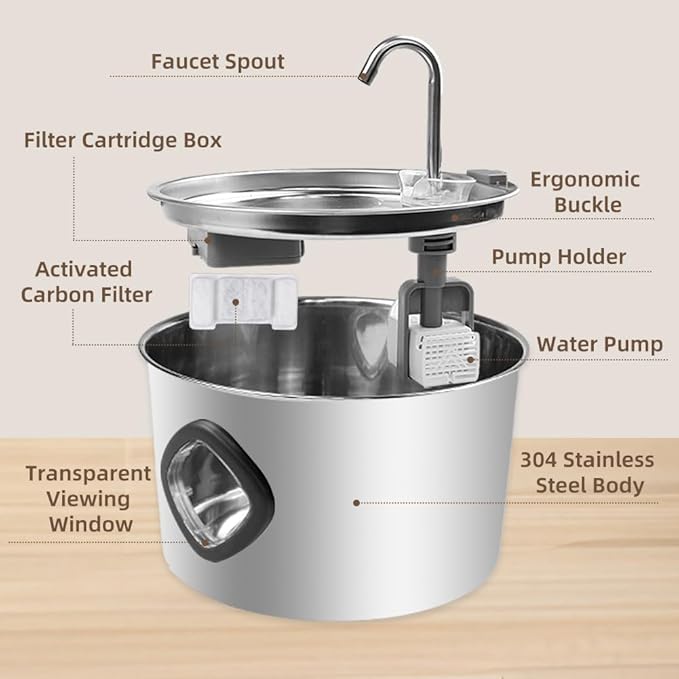 Cat Water Fountain Stainless Steel,108oz/3.2L Cat Fountain for Drinking- Pet Water Fountain Inside，Super Quiet Automatic Dog Watering Dispenser Bowl，Pet Feeding & Watering Supplies Water Level Window