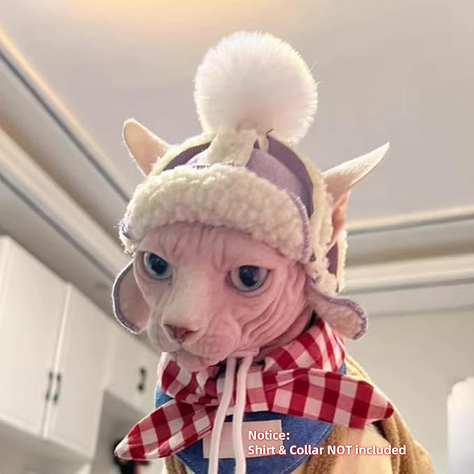 Cat Hats for Cats Only, Warm Cat‘s Beret Hat with Ear Holes, Pilot Cap Tiny Pets Party Costume, Cat Headwear Mini Hat SnugFit Sliding Toggles for Best Fit (Light Violet, Small (4-9.9 lbs))