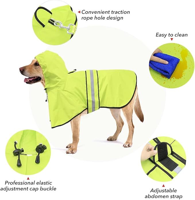 Reflective Dog Raincoat - Adjustable Raincoat for Dogs, Lightweight Hooded Dog Raincoats Poncho Slicker, Waterproof Rain Jacket Coat for Small, Medium, Large Dogs Walking (Green, XX-Large)