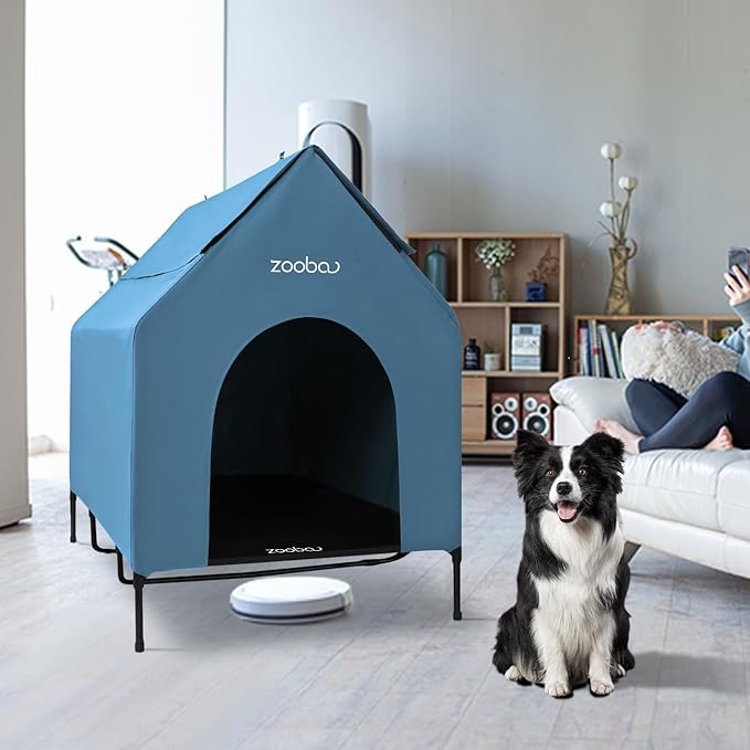 48" XL Outdoor Dog House – Weatherproof Elevated Pet Shelter, Breathable Mesh & Steel Frame, Easy to Assemble & Clean, Large Dog Houses for All Seasons (Blue)