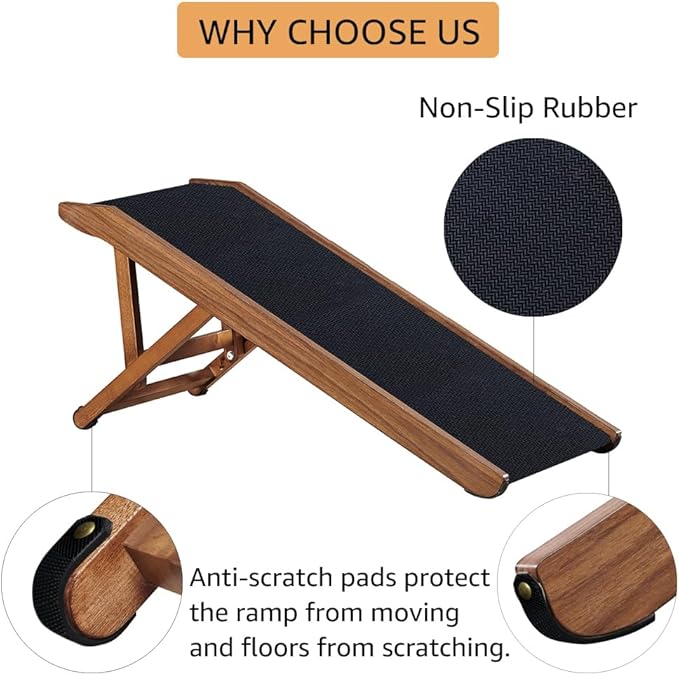 beeNbkks Pet Ramp for Small Dogs Cats, Foldable Wooden Dog Ramp with Safe Landing Platform and Non-Slip Traction Rubber Mat, 4 Adjustable Heights, for Elderly Injured Pet to Reach Couch Sofa High Bed