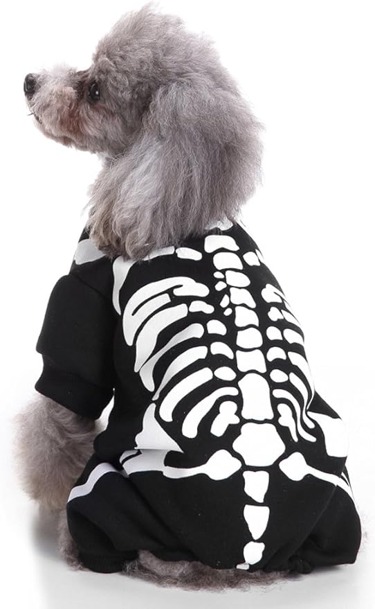 Halloween Fancy Fleece Dogs Cats Warm Pajama Coat Skeleton Costumes for Teddy, Pug, Chihuahua, Shih Tzu, Yorkshire Terriers, Papillon B-Black/White L