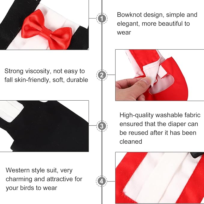 Alasum Reusable Washable Parrot Diaper Flight Suit with Bowtie Black and Red Bird Nappy Outfit for Budgie Cockatiel Conure Travel Home Decor (2Pcs XL)