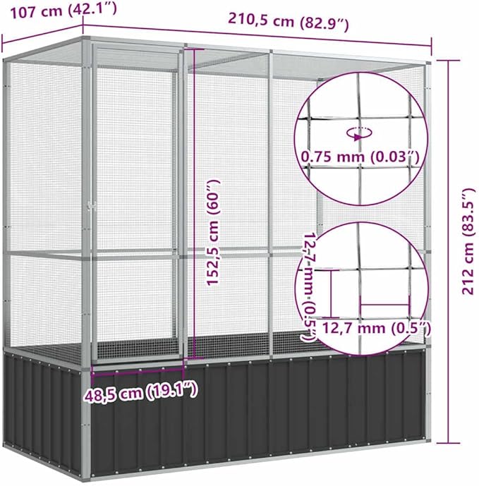 vidaXL Aviary Bird Cage - 82.9"x42.1"x83.5" Galvanized Steel | Spacious Parrot Budgie Habitat with Lockable Door & Mesh Grid for Indoor/Outdoor Use