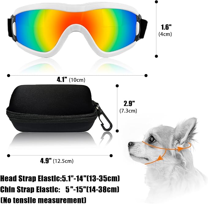 Dog Goggles Small Breed Dog Sunglasses with Adjustable for UV Protection Eyewear Doggy Doggie Puppy Glasses Anti-Fog Wind Dust Snowproof (White Frame Red Lens)