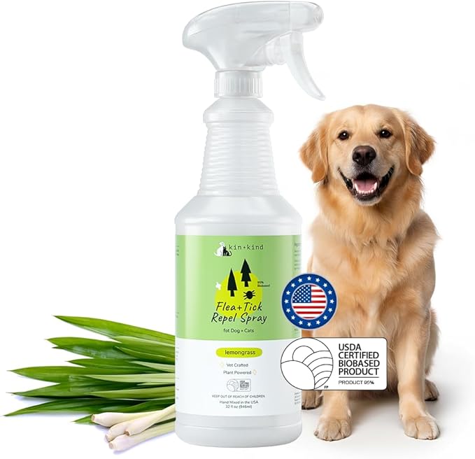kin+kind Plant Based Flea and Tick Spray for Dogs and Cats – Essential Oil Formula with Lemongrass – Flea and Tick Prevention for Cats, Kittens, Puppies & Dogs - Pet Supplies - Family Safe – 32 fl oz