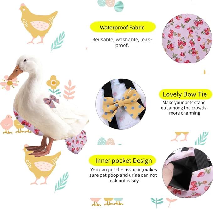 MANON ROSA Chicken Diapers Bantam Hens - Reusable 3-Piece Set with Bow Ties Poultry Nappies Washable Waterproof for Geese Pet Ducks Silkie (Polka Dot Large)