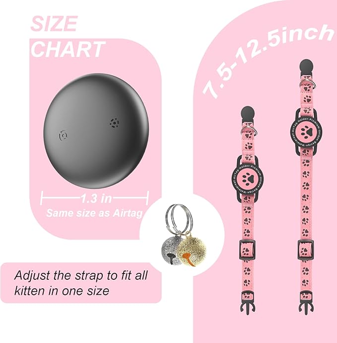 GPS Tracker for Cats, Waterproof GPS Cat Trackers Cats Collar with Bells, No Subscription, GPS Cat Collar, Adapt with Apple Find My (iOS Only) Finder Tag for Items Vehicles, Pets, Kids (Pink)