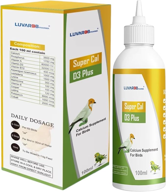 Calcium Supplement for Birds + Vitamin D3 for Strong Eggs, Immunity and Feather Quality, Strong Bones Liquid Vitamin Extra Strenght 100 ml for Pigeons,Parrots, Birds