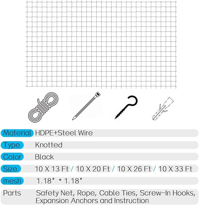 Cat Balcony Net, Steel Wire Reinforced, Anti-Fall Fence, Safety Net, Extra Strong (10 X 20 Ft)