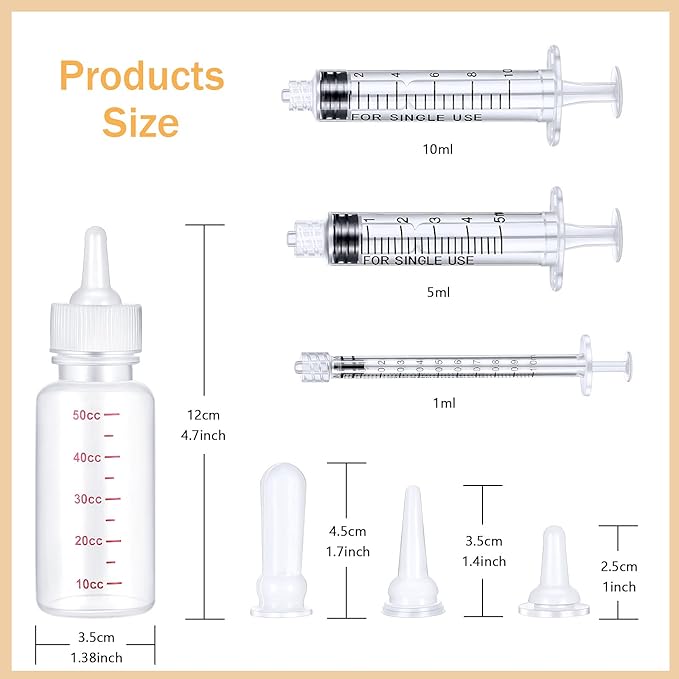 Sadnyy 17 Pieces Pet Nursing Bottle Kit Including 2 Pet Feeding Bottle, 8 Replacement Feeding Nipples, 5 Dog Nursing Syringes in 1 Ml, 5 ml and 10 Ml, 2 Cleaning Brushes for Kittens, Puppies, Rabbits