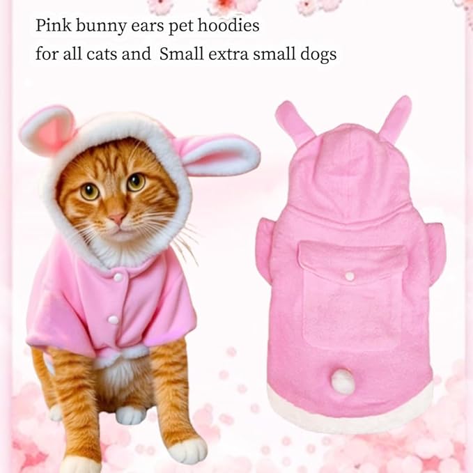 ANIAC Bunny Ears Cat Costume Plush Dog Hoodies with Pocket Sweater Cute Kitten Cat Clothes Warm Rabbit Ears Outfit with Hood for Small Dog Cat and Puppy (Pink-2, Small)