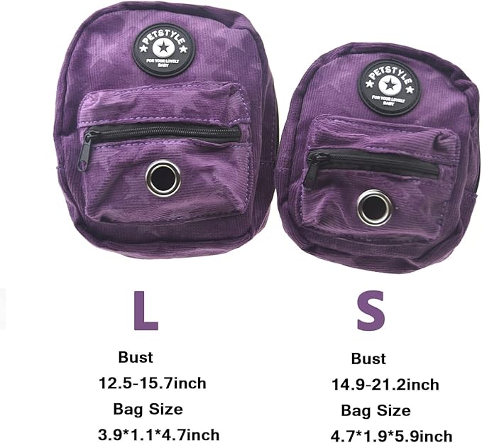 FLAdorepet Dog Backpack Harness with Leash, Dog Poop Bag Dispenser, Pet Self Carrier Adjustable Travel Hiking Walking Harness Backpack for Small Medium Dogs (L(Fit:10-15lb), Purple)