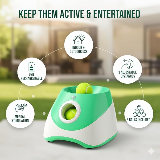 Dog Ball Thrower – Automatic Interactive Pet Tennis Ball Launcher with 6 Balls, USB Charging & Multiple Distance Settings – Indoor & Outdoor Training & Play Toy for Small & Medium Dogs