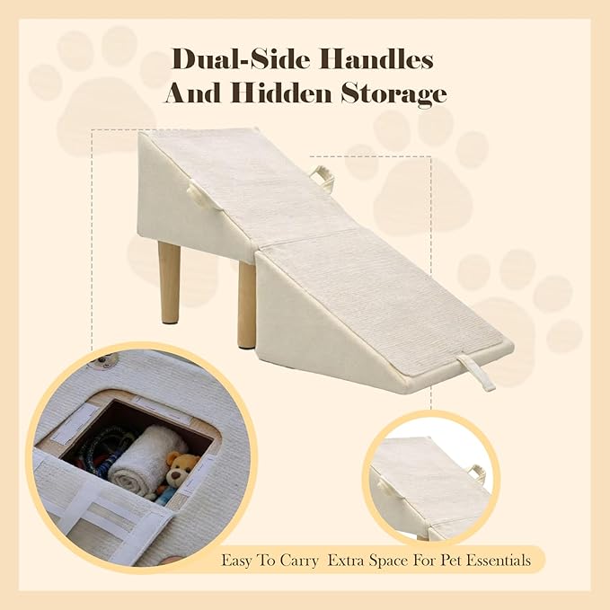 Split Ottoman Dog Ramp for Couch and Low Bed, 2-in-1 Foldable Dog Stairs for Small Dogs and Cats, Wooden Pet Ramp with Non-Slip Surface, Portable Step Stool Design, Off White