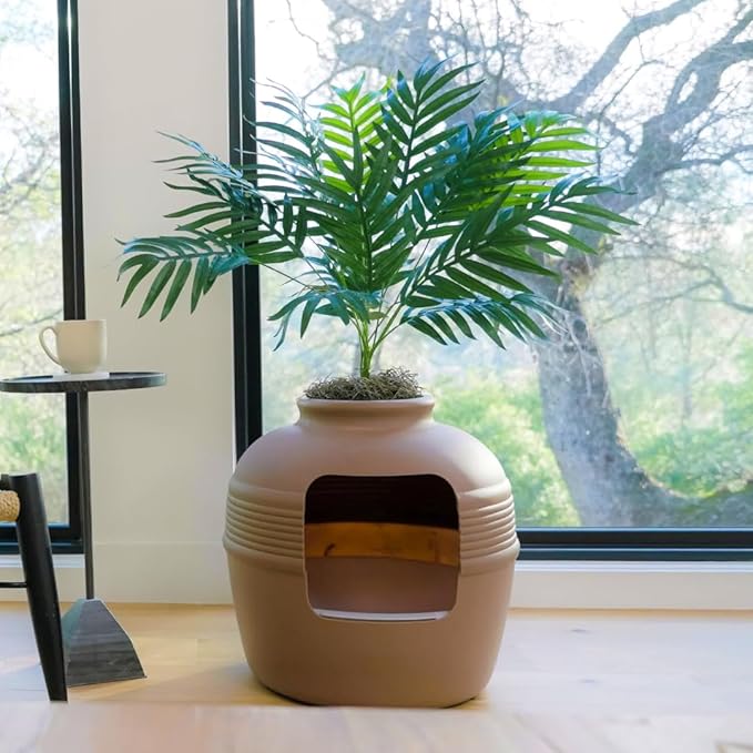 Good Pet Stuff Hidden Litter Box Planter, Decorative Cat Litter Enclosure with Carbon Filter, Artificial Plant, Easy Clean, Removable Liner, Round Style, Essentials Kit, Chestnut Brown