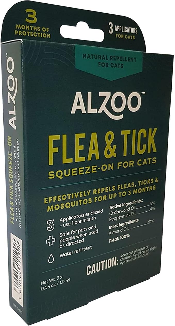 ALZOO Natural Flea & Tick Squeeze-On for Cats, Helps Repel Fleas, Ticks & Mosquitos, Up to 3-Months Protection, Plant-Based Active Ingredients, Water-Resistant, 3 EZ-On Applicators Per Pack