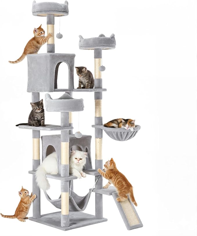 Sweetcrispy Cat Tree 75 Inch, Large Multi-Level Tall Cat Tree Tower with Condo, Perches, Sisal Scratching Posts Board and Hammock, Pet Play House with Dangling Balls for Indoor Cats, Light Grey