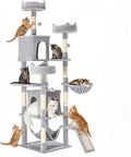 Sweetcrispy Cat Tree 75 Inch, Large Multi-Level Tall Cat Tree Tower with Condo, Perches, Sisal Scratching Posts Board and Hammock, Pet Play House with Dangling Balls for Indoor Cats, Light Grey