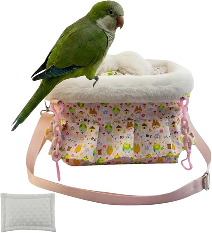 2 in 1 Warm Bird Carrier Bag, Bird Hammock Bed for Cage, Winter Travel Bag, Portable Parrot Outing Bag for Lovebird, Budgie, Conure, Quaker, Small Medium Birds (Pink,Large)