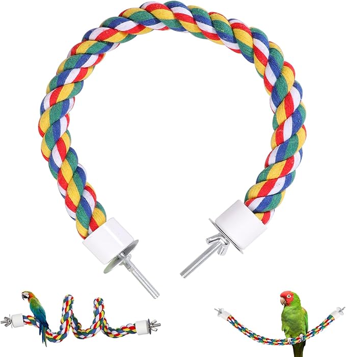 Colorful Bird Rope Perch Stand, Birdcage Swing Spiral Toys, Bird Climbing Standing Bungee Rope Perches Chew Toys Cage Accessories for Cockatiels Parrots Birds (15.7 inch /40 cm)