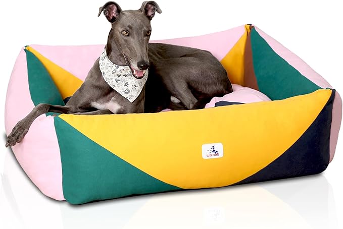 Washable Rectangle Dog Bed with Removable Cover, Color-Block Gingham Cotton Large Dog Sofa, Durable Breathable Scratch Resistant Pet Bed, Large