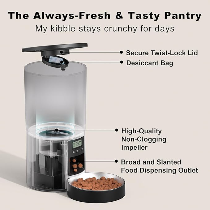 Automatic Cat Feeder 4.2L Cats,6 Meals/Day,Dual Power Portion Control Feeder,Dry Pet Food Auto Dispenser,Timer Setting,10S Voice Record (Transparent Black, Stainless Steel 2 Bowls)