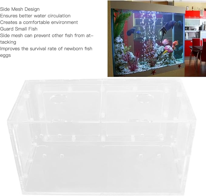 Fish Breeding Isolation Box | Transparent Mesh Side Aquarium Incubator | Guard Small Fish/Eggs | Acrylic Lid & Adjustable Hook | for Fish Tank Hatching (20 * 10 * 11CM)