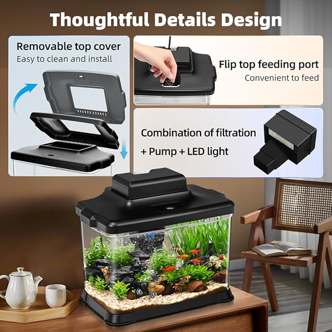 Small Fish Tank Ultra-Clear 1.6 Gallon Aquarium Starter Kits with LED Lighting and Filter System Beginner-Friendly Mini Betta Aquarium for Small Fish Shrimp Desktop Room Decoration