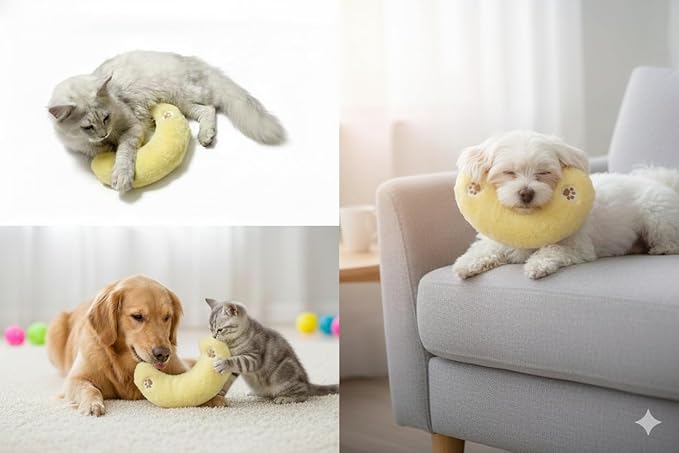 Deocove Pet Calming Pillow – 12-Inch U-Shaped Neck Support – Removable Filling to Add Pet’s Own Hair for Scent Comfort – Soft Plush Snuggle Toy for Anxiety Relief (Yellow)