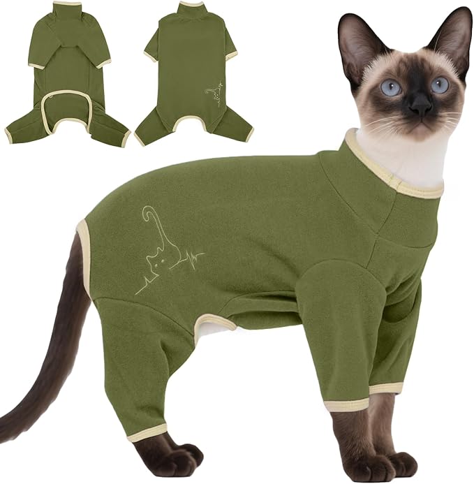DENTRUN Cat Clothes for Hair Control with Hair Sticky Fabric - Soft Recovery Suit & Breathable Lint-Resistant Cat Sweater for Cats Only, Kitten Onesie Pajamas, XS, Army Green