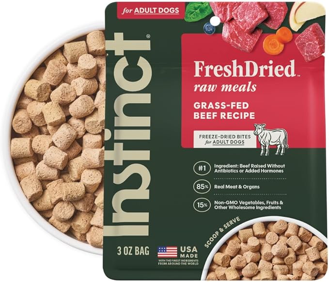 Instinct Freeze-Dried Meals, FreshDried Bites, Natural Dog Food, Grain-Free - Grass-Fed Beef, 3 oz. Bag