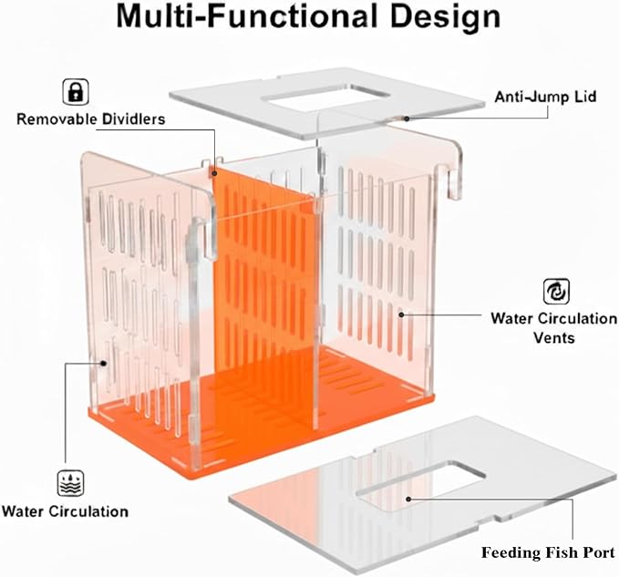 Acrylic Breeder Box for Fish Tank, Aquarium Isolation & Breeding Box with Extendable Long Handle Net for Baby Fish, Shrimp, Betta, Guppy - Acclimation Hatchery Incubator (Orange, 7.4x5.3x6.3 in)