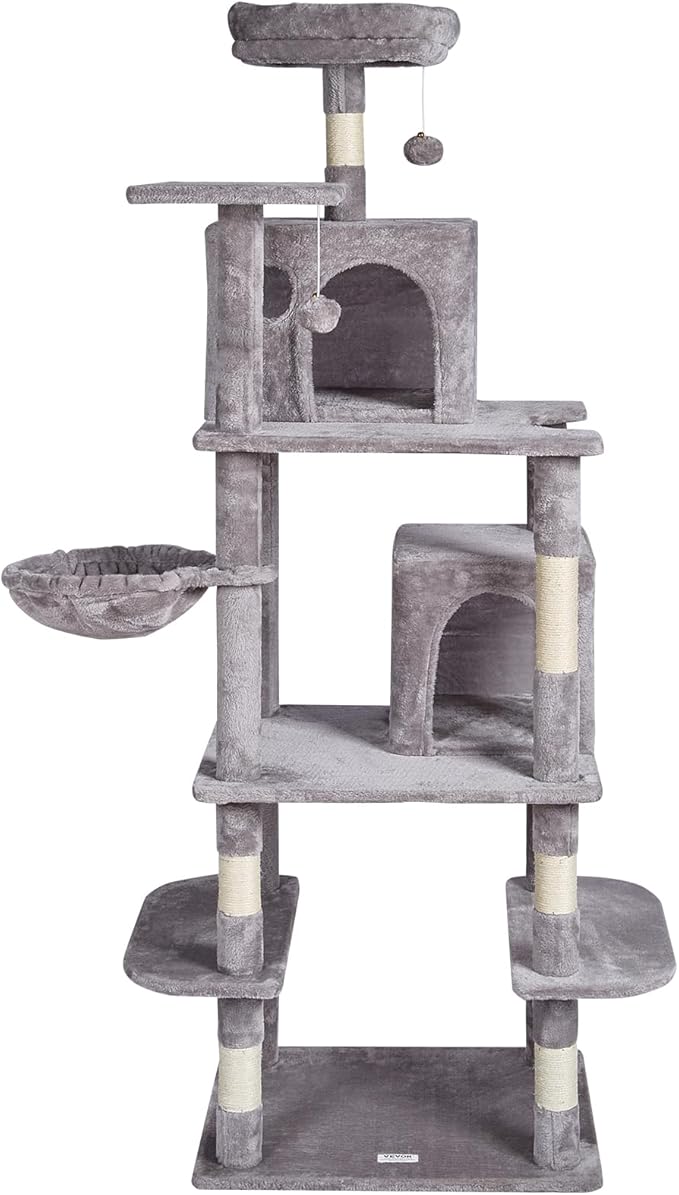VEVOR Cat Tree for Indoor Cats, 68.5" Cat Tower with 2 Cat Condos, Sisal Scratching Post, Hammock, Top Perch, Jumping Platforms, Large Cat Furniture Activity Center with Hang Ball, Light Grey