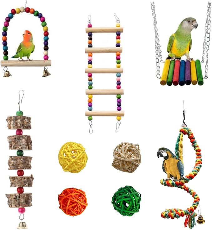 9Pcs Bird Toys for Parakeet, Cockatiel, Finches, Budgerigar, Mynah, Love Birds, Small Parrots, Parrot Cage Stand Accessories