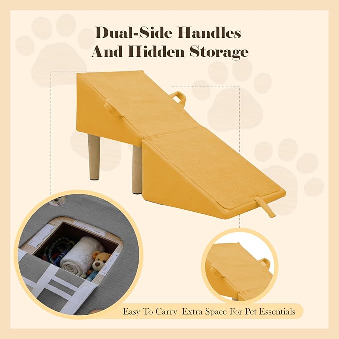 Split Ottoman Dog Ramp for Couch and Low Bed, 2-in-1 Foldable Dog Stairs for Small Dogs and Cats, Wooden Pet Ramp with Non-Slip Surface, Portable Step Stool Design, Orange