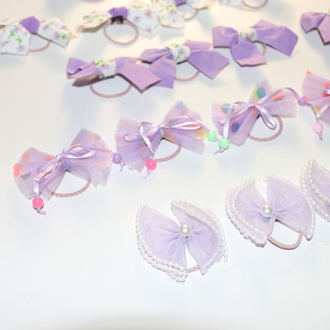 20pcs Purple Dog Hair Bows for Small Dogs - Yorkie Puppy Hair Accessories with Rubber Bands, Cute Bowknot Hair Clips for Pet Grooming, Handmade Girly Dog Bows Mix Styles