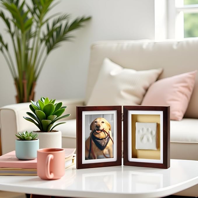 Pearhead Pet Paw Print Memorial Frame with Clay Imprint Kit, Dog & Cat Pawprint Keepsake Wood Photo Frame, DIY No Bake Paw Print Kit, 4x6 Picture Display, Espresso Brown