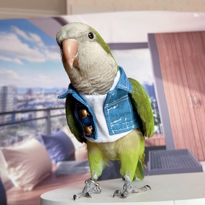 Bird Costume Bird Diaper Flight Suit Bird Jeans Fake Two Pieces Bird Clothes Cosplay Photo Prop for Parrots Lovebird Parakeet Cockatiel Small Animals Apparel (Without Diaper,African Grey)